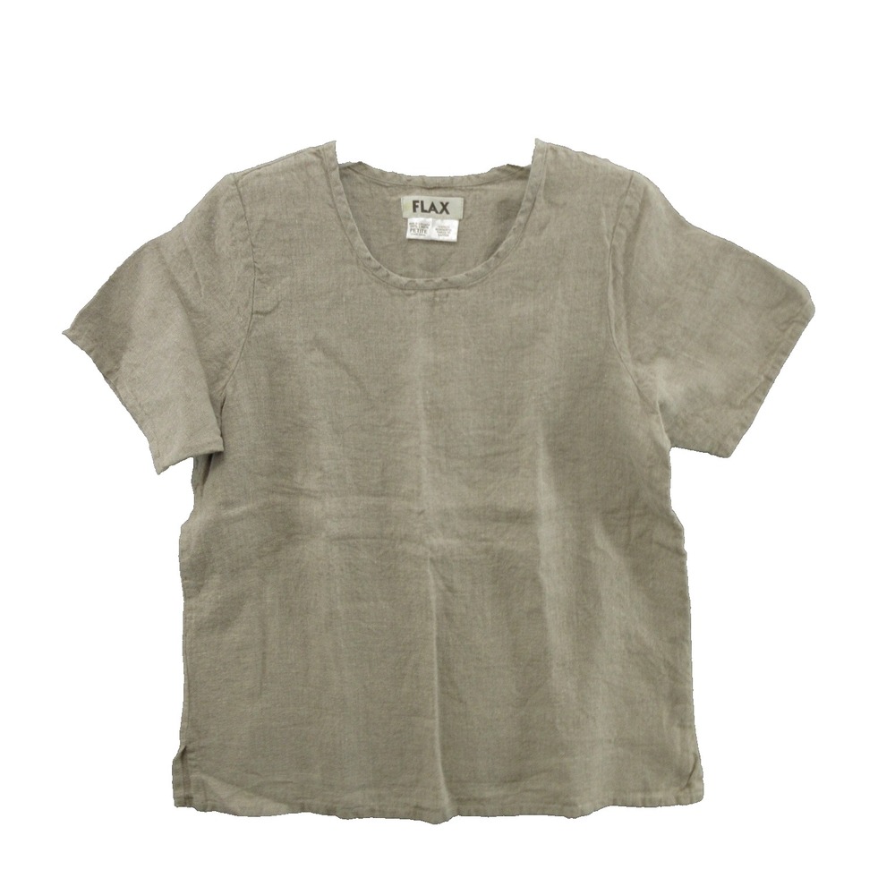 FLAX Designs Linen XS Scoop Neck Pullover Solid Beige Side Slit Short Sleeve New
